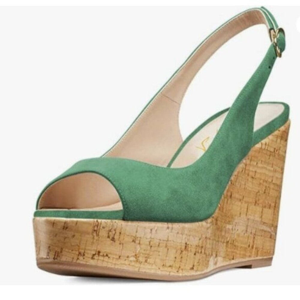 FOWT Women Peep Toe Slingback Platform Wedge Sandals High Heel Summer Cork Green